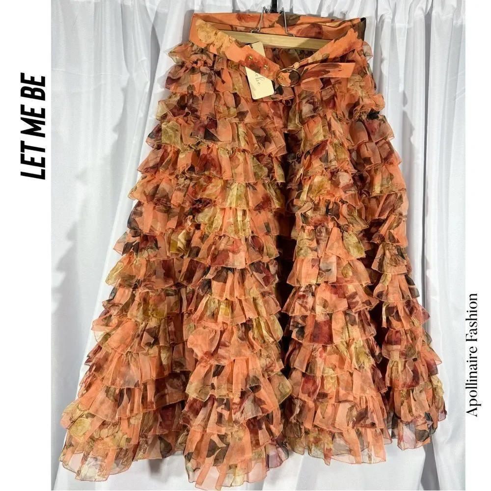 LET ME BE KAYA SKIRT IN HORIZON NWT SMALL FLORAL RUFFLED STUNNING_5